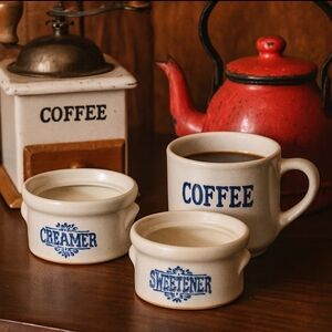 VTG *RARE* Mikasa Japan Stoneware Crock Set CREAMER & SWEETENER  Blue Typography